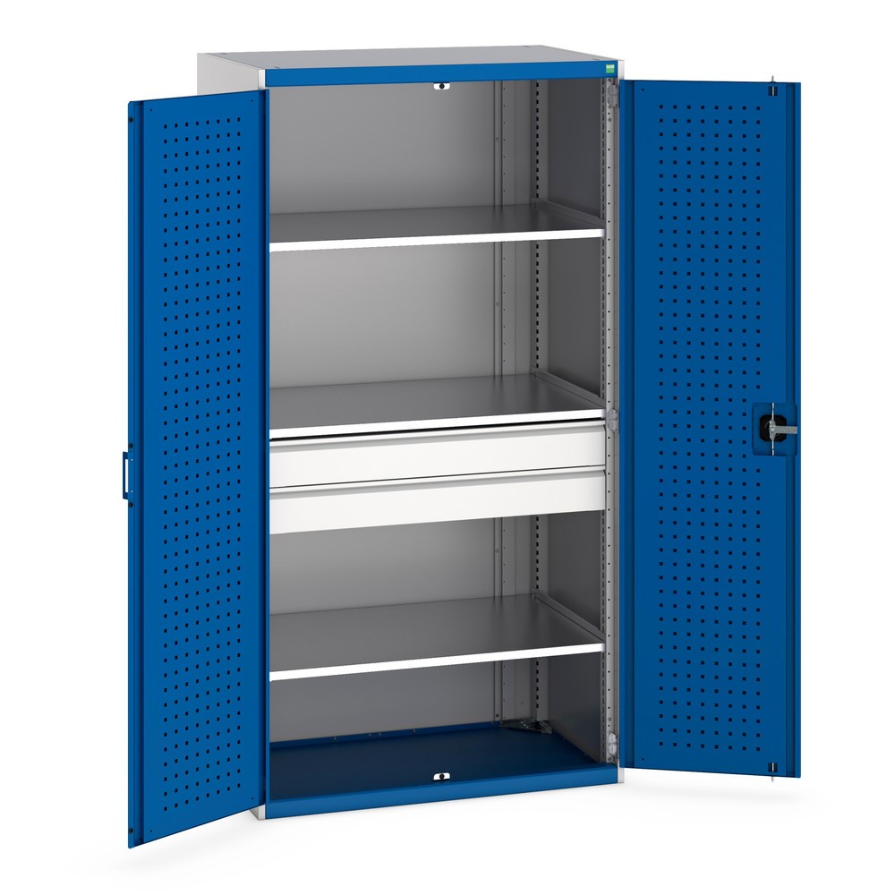 Obraz produktu: bott cubio Systemowa szafa z drzwiami skrzydłowymi z 3 półkami, 2 szufladami, wys. x szer. x gł. 2 000 x 1 050 x 650 mm, niebieski gencjanowy