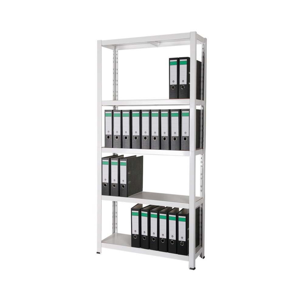 Obraz produktu: Regał na segregatory HEMMDAL, system wtykowy, wys.× szer.× gł. 1800 × 900 × 300 mm, 5 półek HDF, obciążenie półki 150 kg, maks. 55 segregatorów, kolor biały