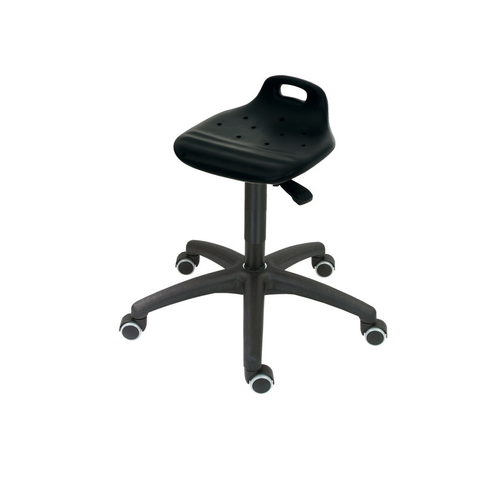 Obraz produktu: Taboret obrotowy HEMMDAL, siedzisko z PU z oparciem + uchwyt transportowy, wysokość siedziska 450–640 mm, kółka