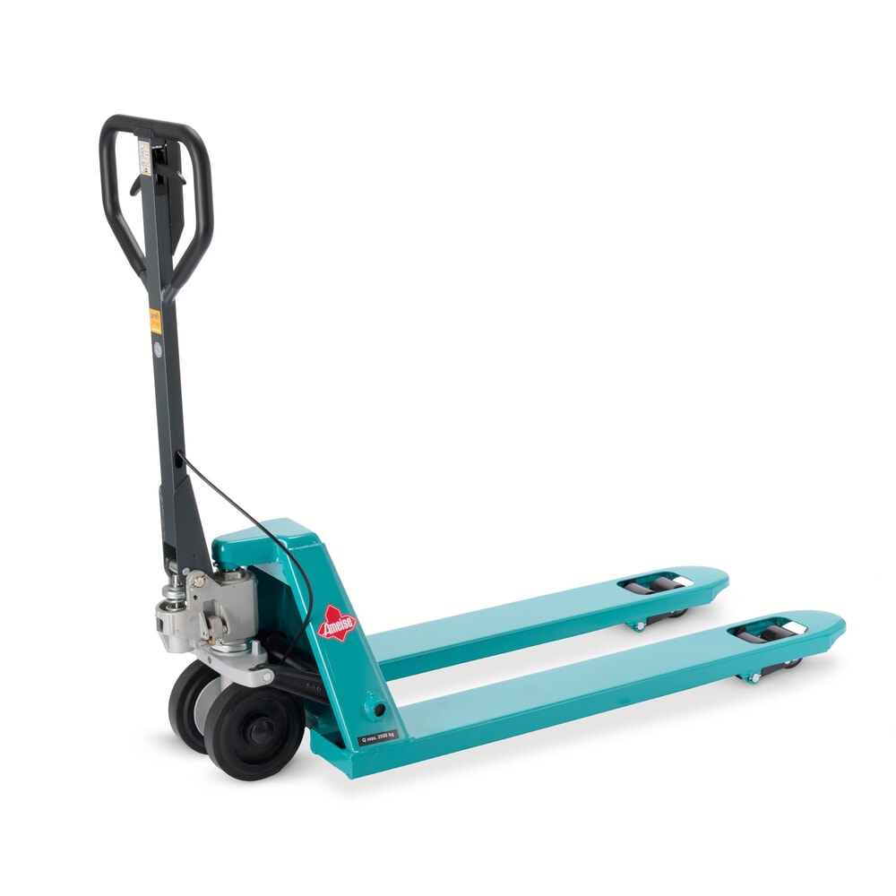 Obraz produktu: Ręczny wózek paletowy Ameise® PTM 2.5 z hamulcem ręcznym, udźwig 2500 kg, długość wideł 1150 mm, guma/poliuretan, podwójne rolki