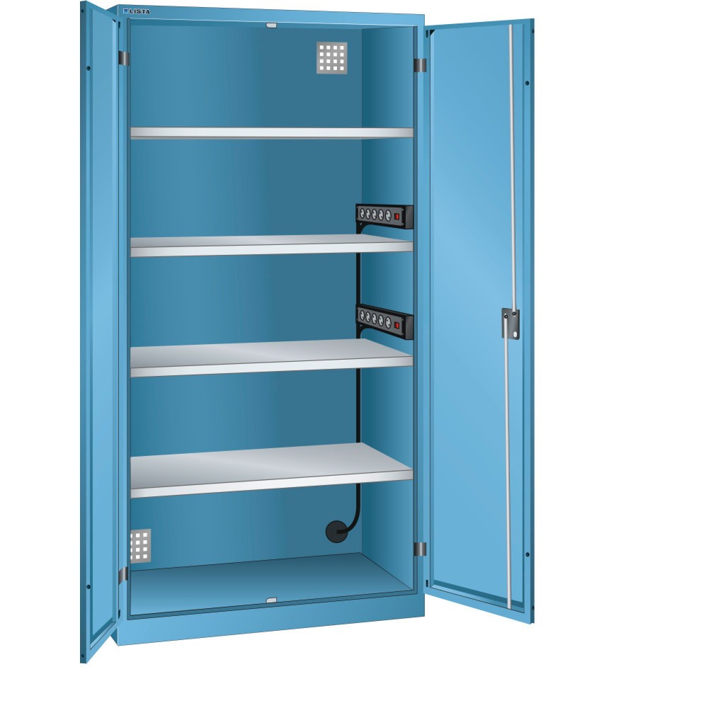 Obraz produktu: Szafa do ładowania akumulatorów LISTA, (szer. x gł. x wys.) 1000 x 580 x 1950 mm, 2 listwy zasilające ściany bocznej, jasnoniebieski