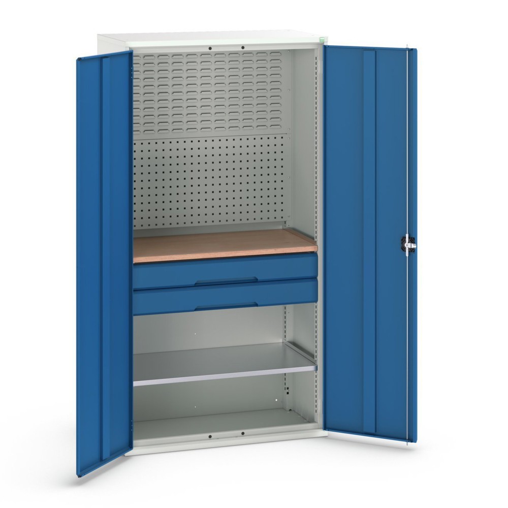 Obraz produktu: Szafa z drzwiami skrzydłowymi bott verso z 2 szufladami, z 2 półkami oraz ścianą tylną, szer. x gł. x wys.: 1 050 x 550 x 2 000 mm