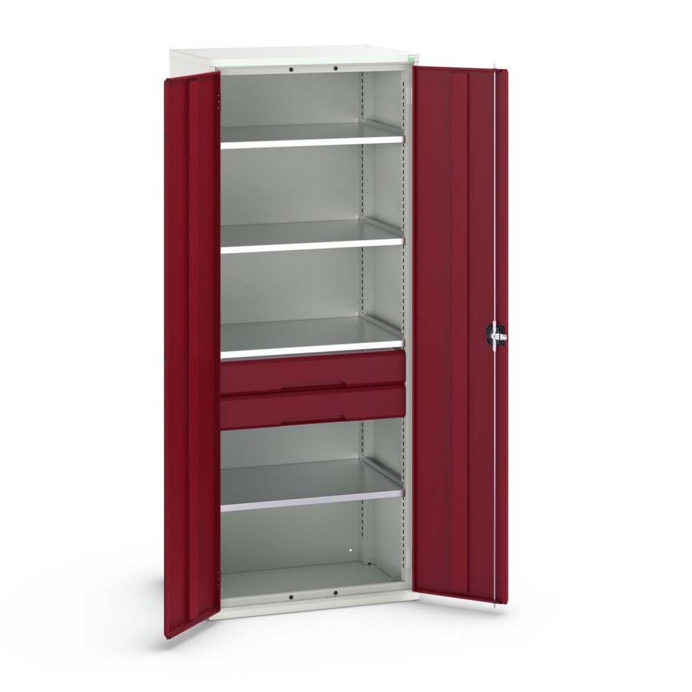 Obraz produktu: Szafka z drzwiami skrzydłowymi oraz szufladami bott verso, z 4 półkami oraz 2 szufladami, szer. x gł. x wys.: 800 x 550 x 2000 mm