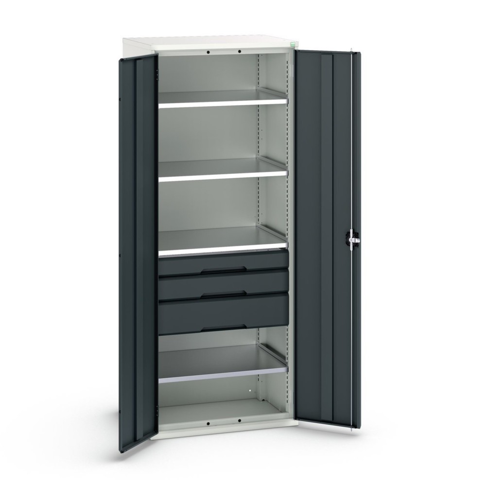 Obraz produktu: Szafka z drzwiami skrzydłowymi oraz szufladami bott verso, z 4 półkami oraz 3 szufladami, szer. x gł. x wys.: 800 x 550 x 2000 mm